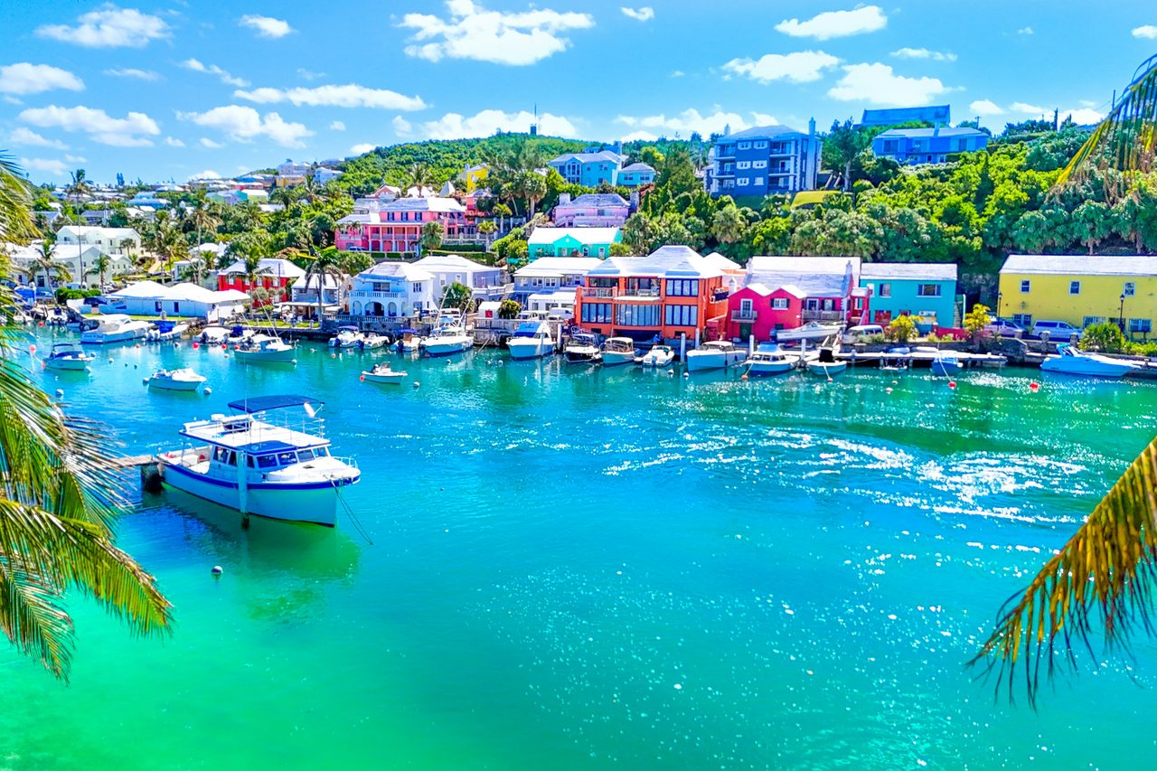 Colorful waterfront buildings and boats in Hamilton Harbor Bermuda