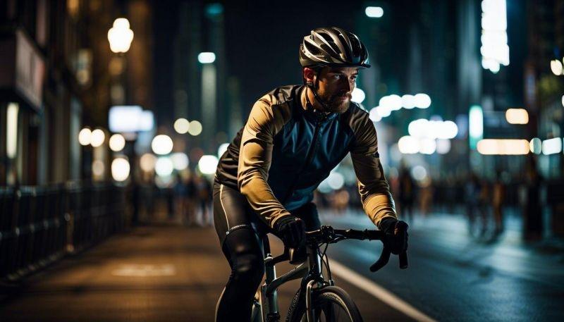 man commuting home from work at night riding a bike