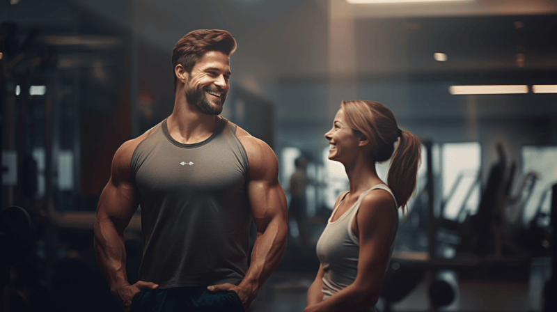 man bulking up talking with lady