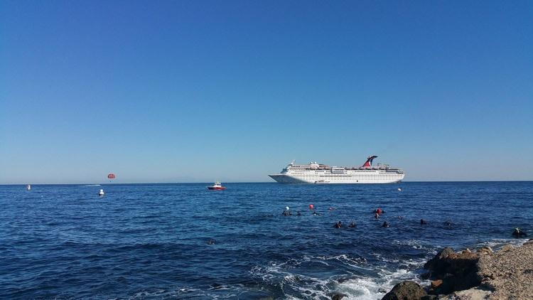 descano beach catalina dive park catalina island california with carnival cruise ship in the background