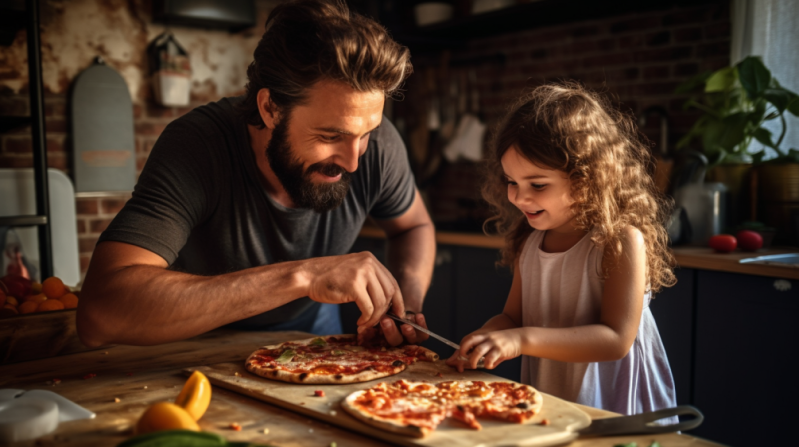 father and daughter cooking pizza looking at slices