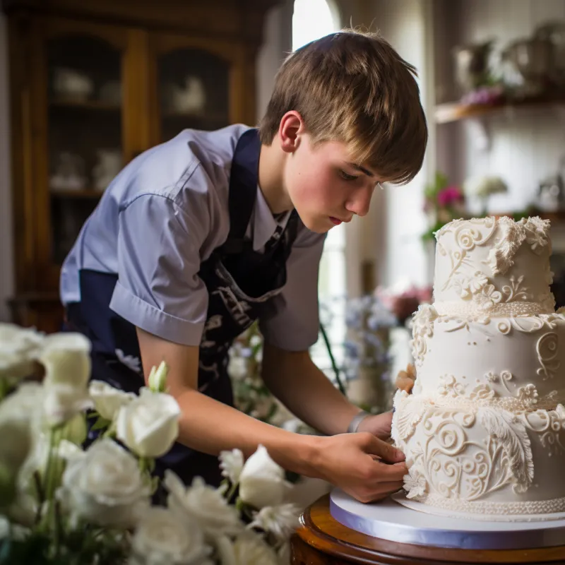 young man decorating a wedding cake