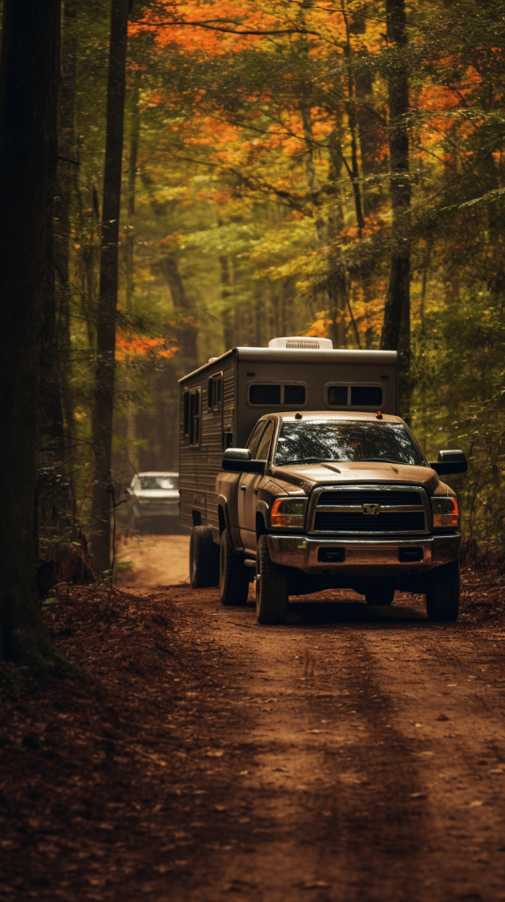 diesel truck pulling a camper down a dirt road