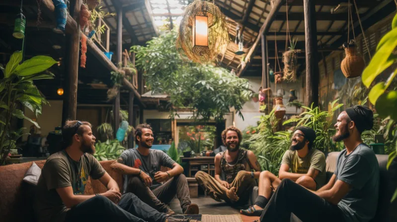 group of guys at a hostel in bali