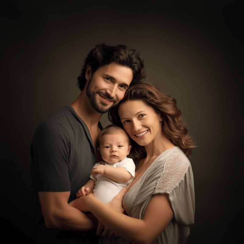 happy mom and dad hugging newborn baby