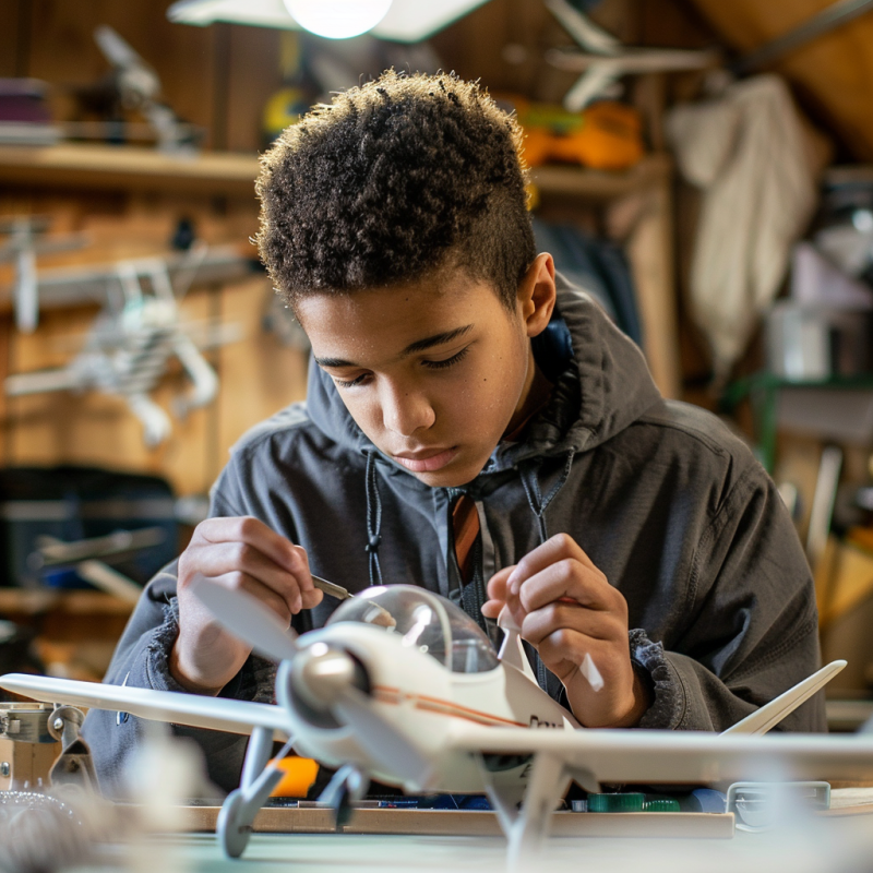 young man building an airplane model
