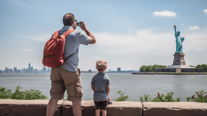 father taking a picture with his son with Statue Of Liberty