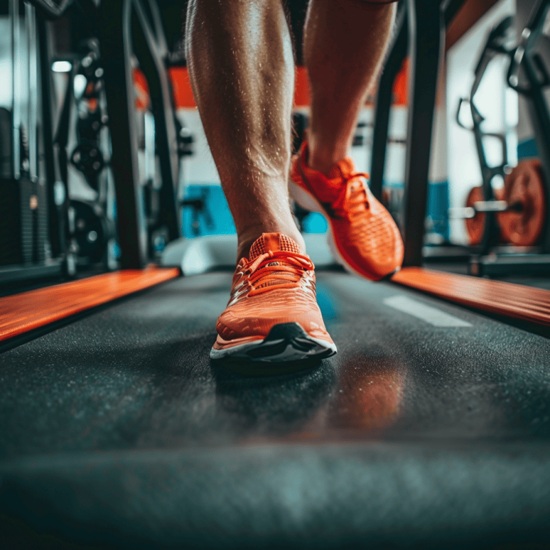 man running on treadmill with cross trainers