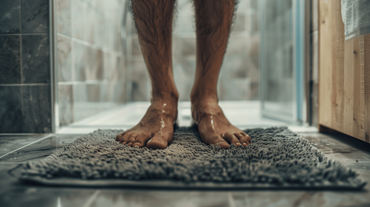 man standing in bathroom after shower