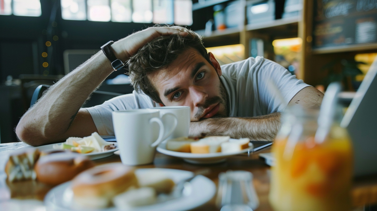 man eating a high carb meal and leaving a mess is a bad habit