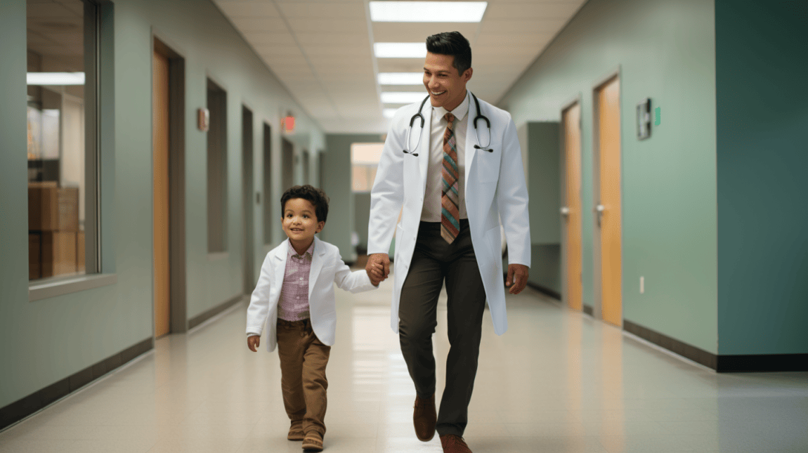 dad doctor taking son to work 