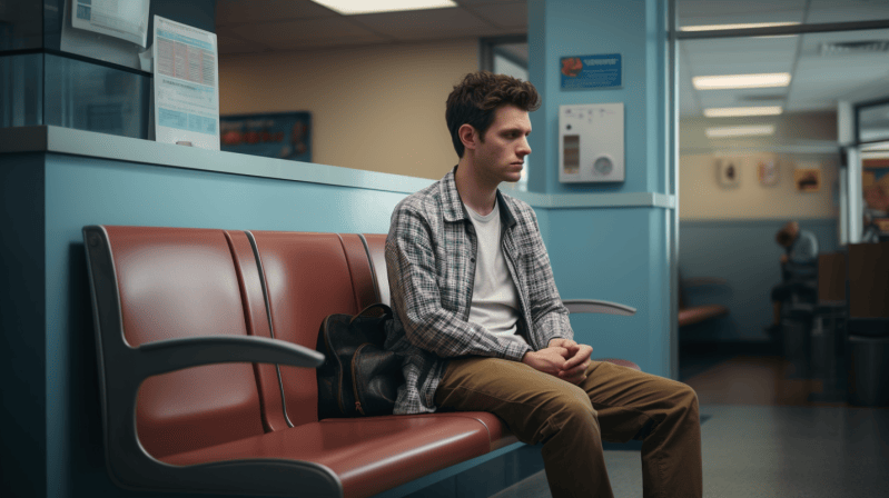 young man sitting in a hospital waiting room