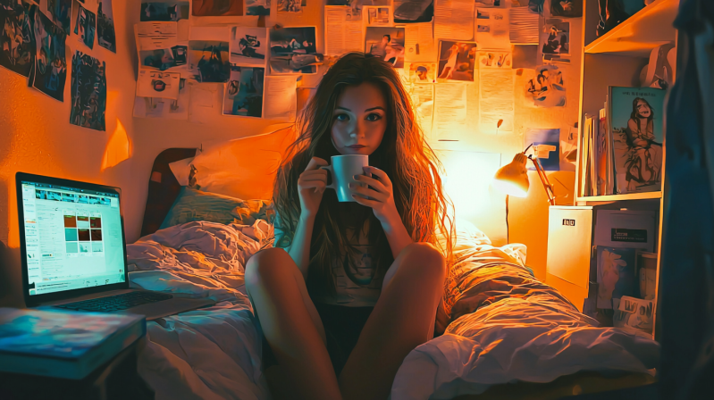 girl sipping tea reducing stress in college dorm