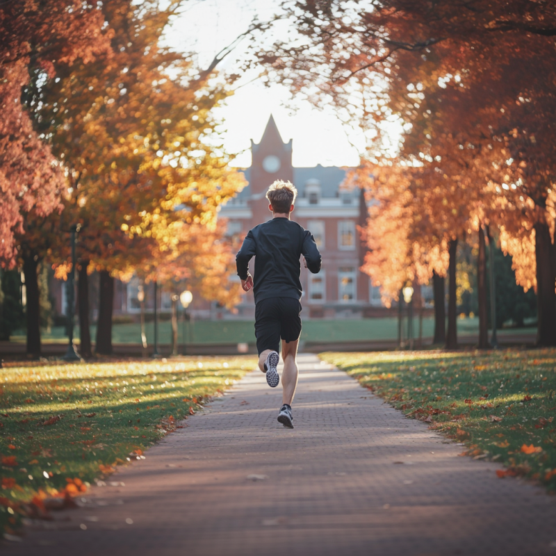 man running on college campus excercise is important to wellness