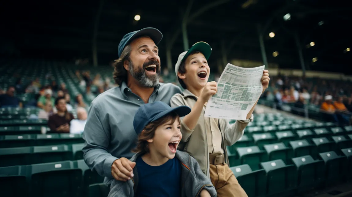 dad talking about math with sons at a baseball game