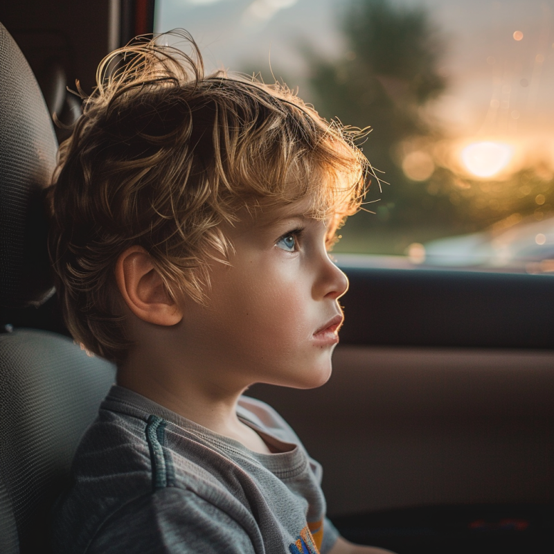 young boy in a hot car