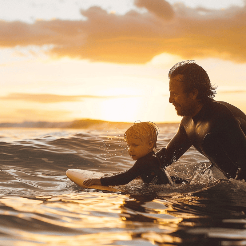 dad teaching his son to be confident by facing challenges while learning to surf