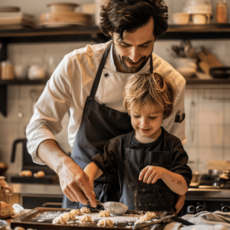 father boosting his son self confience by cooking