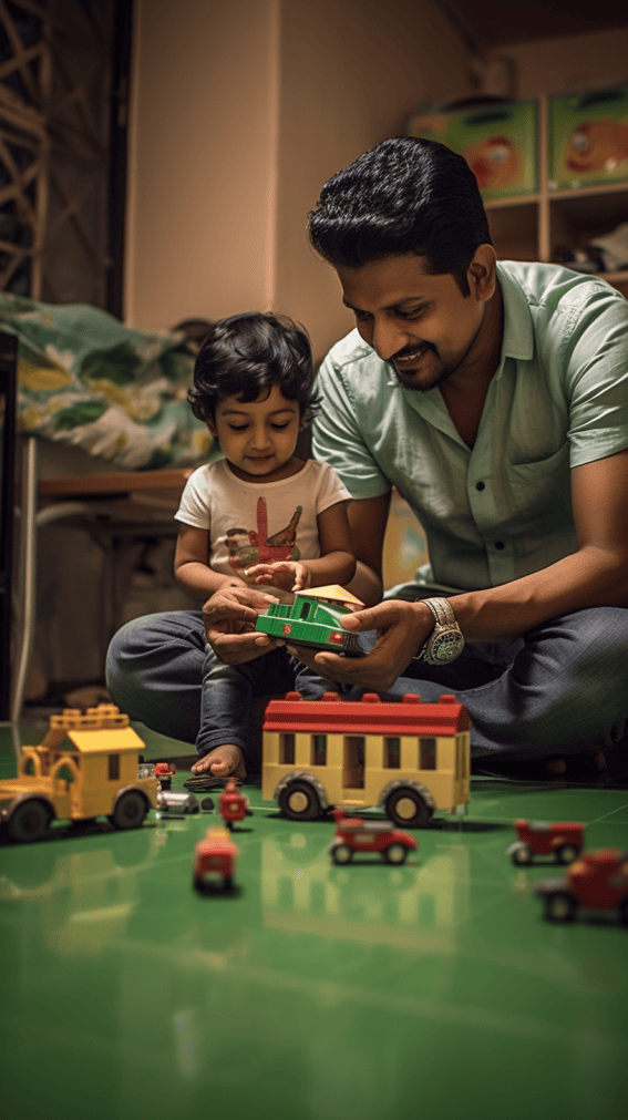 dad blogger and child playing with toys