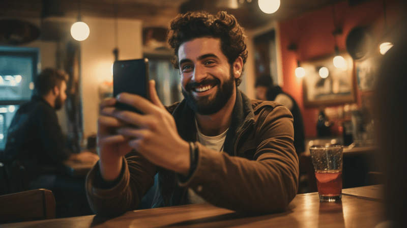 food blogger taking selfie at a bar