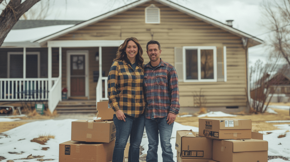 couple standing in front of rental home for job relocation