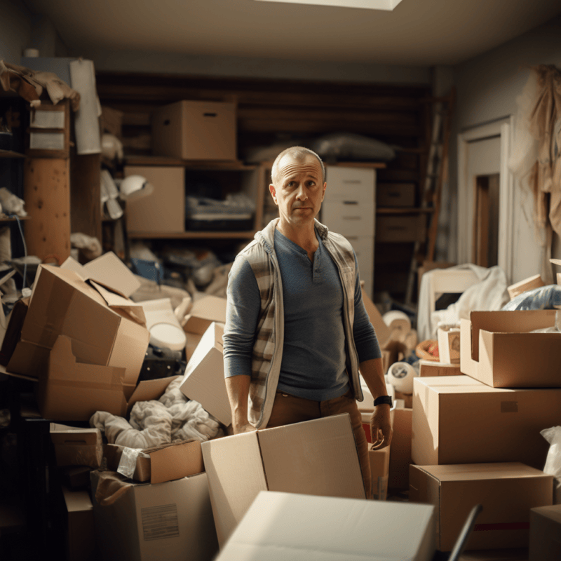 man overwhelemed by junk in his garage