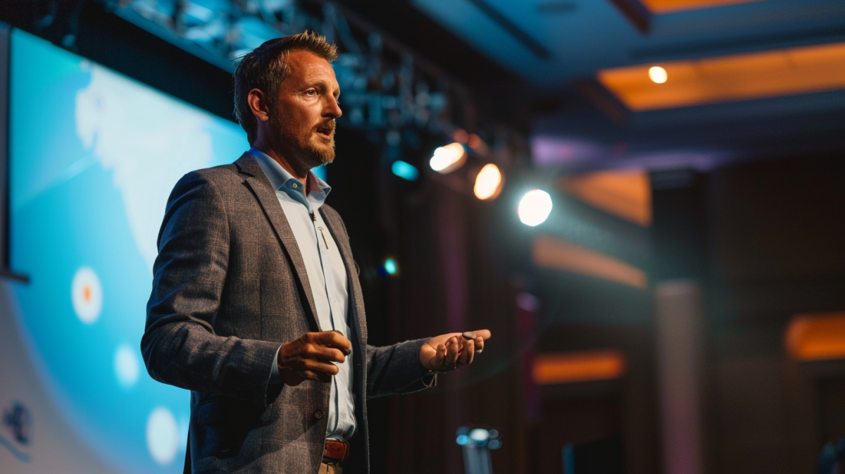 confident man giving presenation at men's health conference