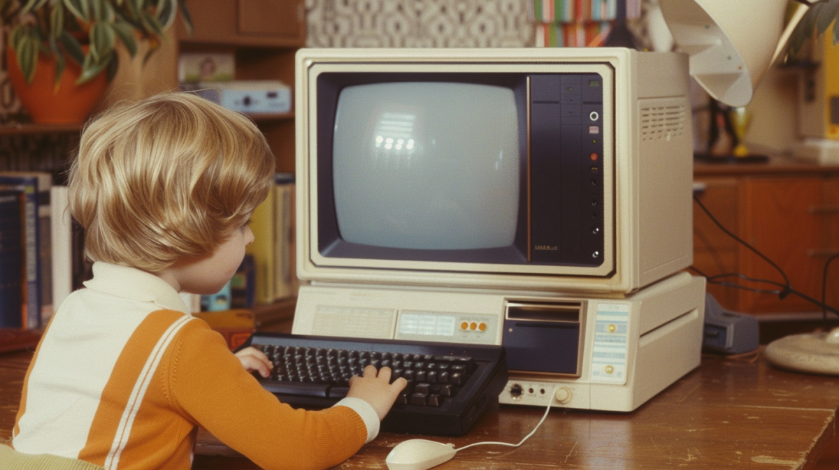 child on 1970s era old computer