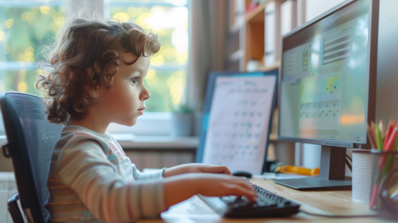 child using a old computer her dad setup for her