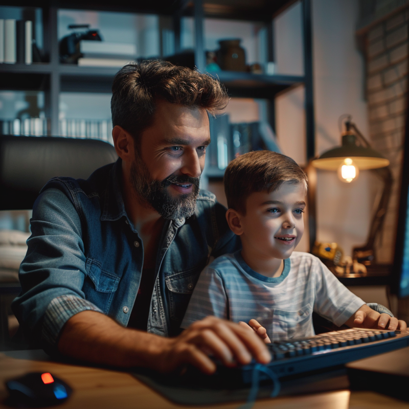 father and son on computer