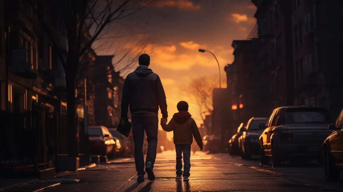 father and son walking down city street