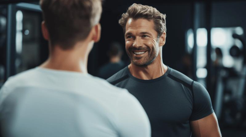 man talking with another guy making friends at a gym