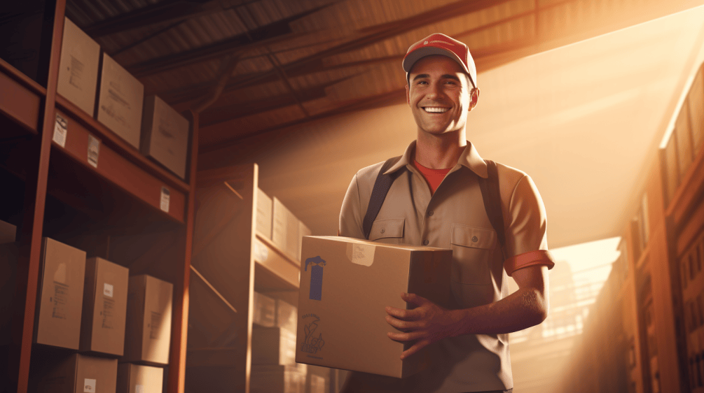 man carrying a box with items his manufacturing company created