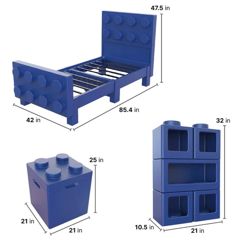 Step2 Contemporary Builders Kids Bedroom Set dimensions showing bed frame 85.4 by 42 inches, toy box 21 by 21 by 25 inches, and modular storage cubes 21 by 10.5 by 32 inches