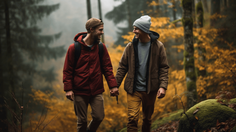 two straight guys holding hands on a hike