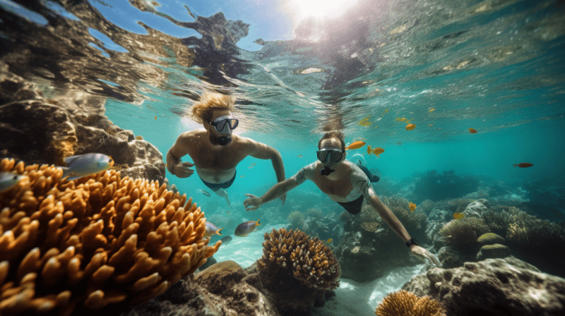 two men snorkling great barrier reef australia