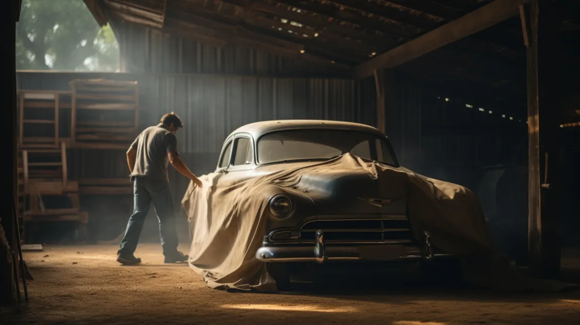 man discovering classic automobile in barn find
