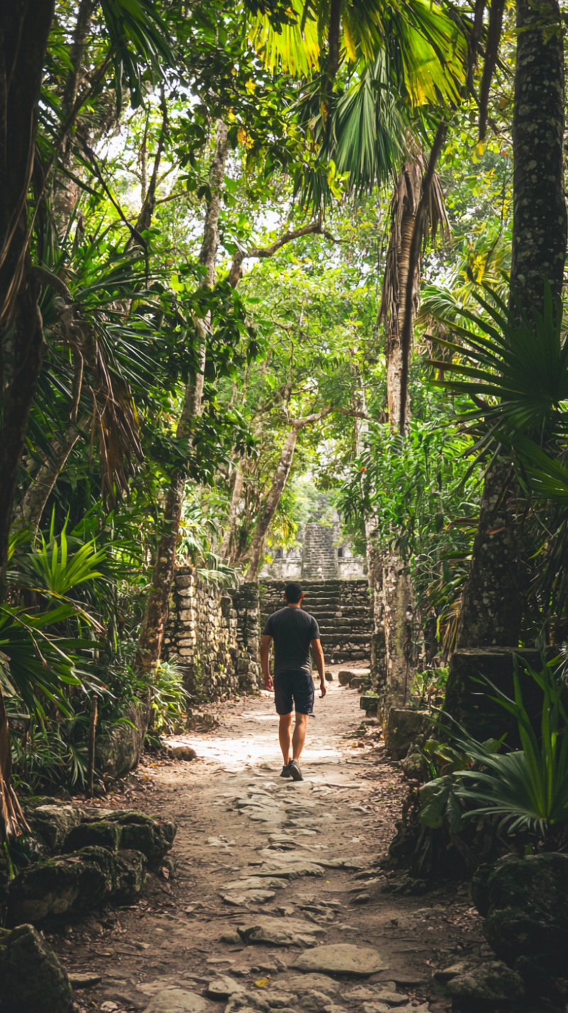 man walking through a mexican jungle historic mayan ruins