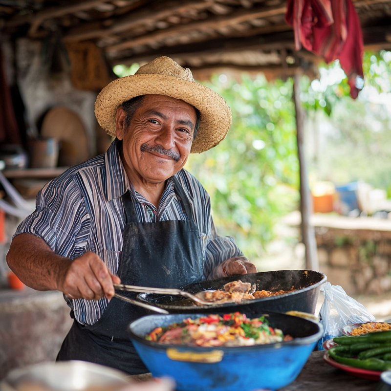 mexican man cooking food stand