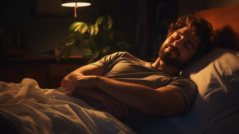 happy man resting in bed alone