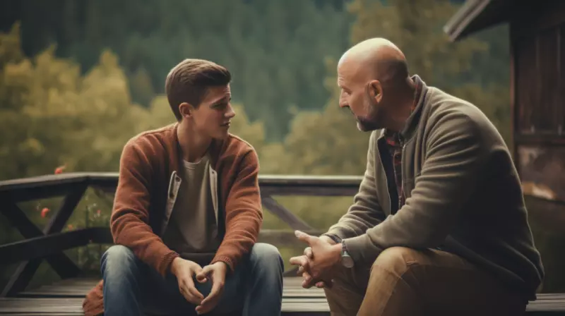 a bald dad talking with his teen son about going bald