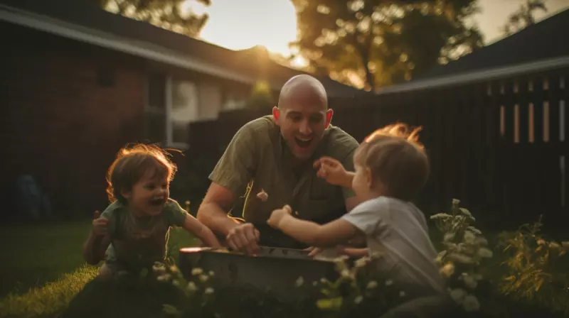 bald dad gardening with his two sons