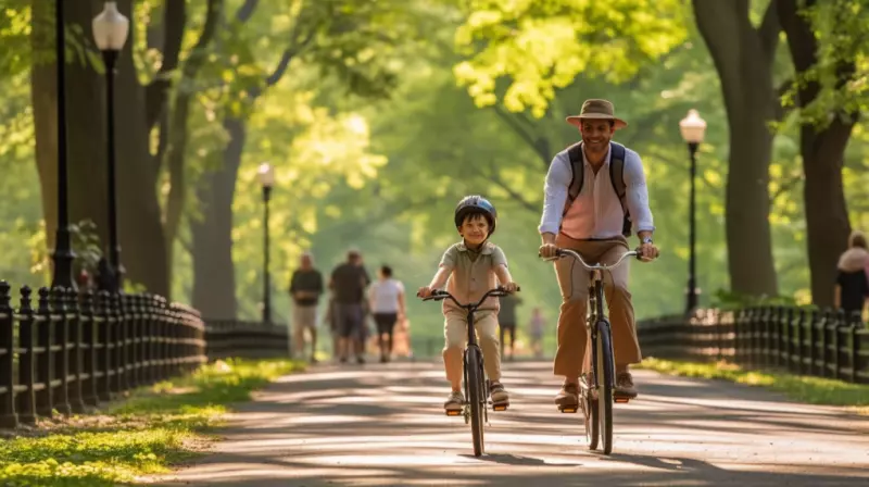 Father and son biking in New York Central Park during summer