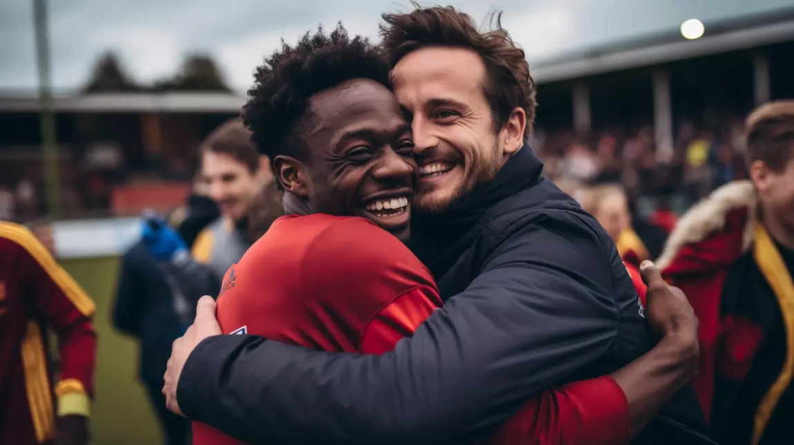 two straight guys hugging at a soccer game