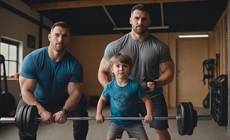 two youthful looking fit dads working out with their son