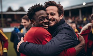 two straight guys hugging at a soccer game