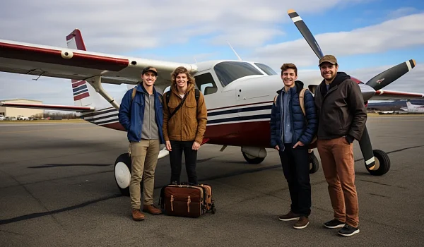 four men getting ready to go on a guys getaway trip standing in front of a private plane