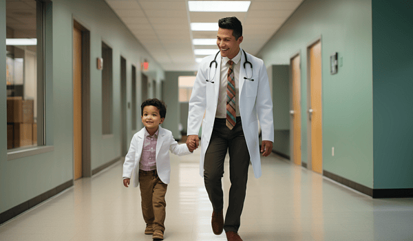 dad doctor taking son to work 