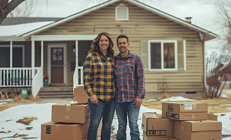 couple standing in front of rental home for job relocation