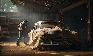 man discovering classic automobile in barn find